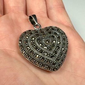 Vintage Sterling Marcasite Puffy Heart Pendant